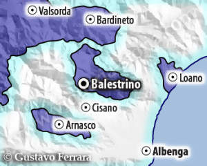 il feudo di Balestrino nell'ambito dei domini dei Savoia (blu scuro). I territori della Repubblica di Genova sono segnati con contorno azzurro 