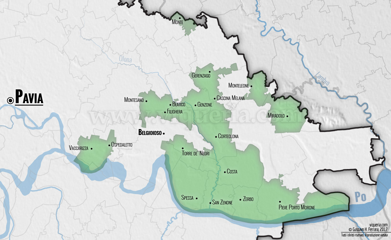 Il vicariato di Belgioioso nel 1474. Le linee trasparenti indicano gli attuali confini comunali, provinciali e regionali